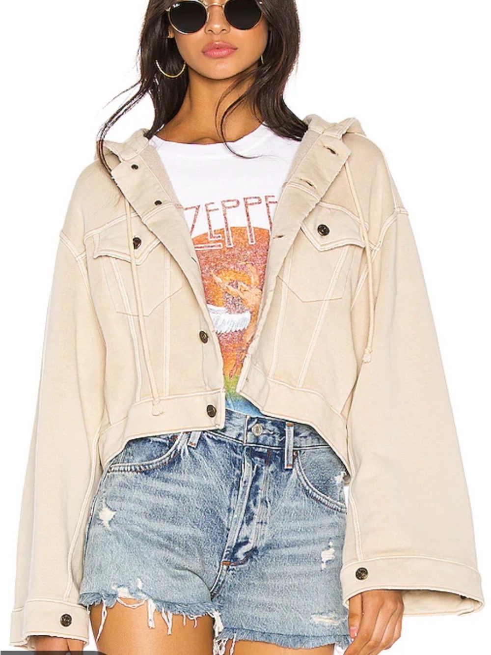 Free People Dreamers Hoodie Jacket Flared Sleeves Distressed Natural Size Medium